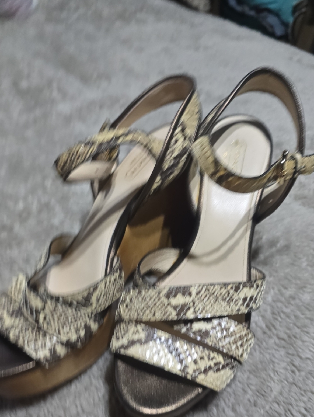 Coach Cream Snake-Print Ankle Strap Heels